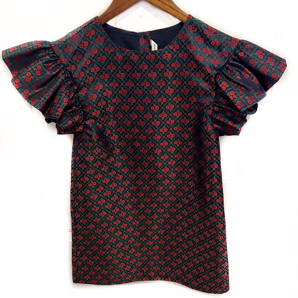 Janie and Jack Jacquard Holiday Dress Floral Red Ruffle Sleeve Sheath Green